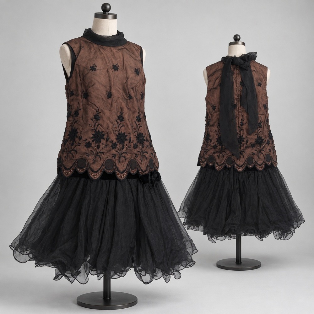 Vintage 1960 Jack Bryan Dupuis Floral Embroidered Drop Waist Dress Brown Black 7